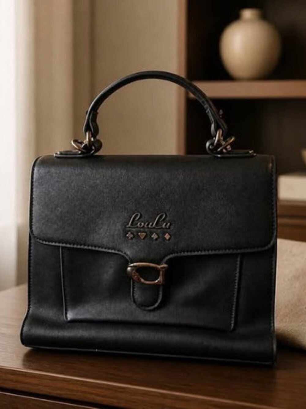 LouLu Black Satchel Handbag Crossbody Shoulder Bag Faux Leather - Picture 2 of 5